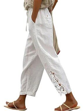 White Cotton Capri Pants Elastic Waist Drawstring Lace Trim Pockets Womens New